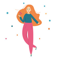 Dancing girl with long red hair on holiday with confetti. Vector illustration for web-design, posters, printing, postcards, etc