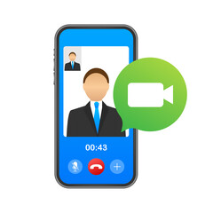 Incoming video call on laptop. Laptop with incoming call, man profile picture and accept decline buttons. Vector stock illustration.