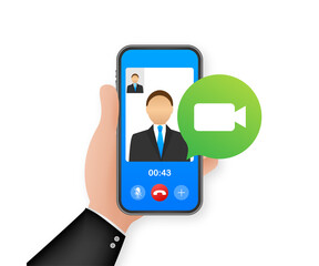 Incoming video call on laptop. Laptop with incoming call, man profile picture and accept decline buttons. Vector stock illustration.