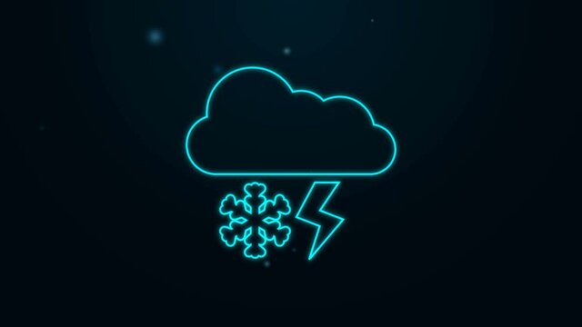 Glowing neon line Cloud with snow and lightning icon isolated on black background. Cloud with snowflakes. Single weather icon. Snowing sign. 4K Video motion graphic animation