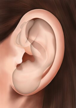 A baby foetus within a ear to show the points of ear acupuncture that relate to a the human body
