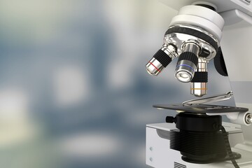 Fototapeta na wymiar nano technology study concept, lab electronic scientific microscope on soft focus background - object 3D illustration