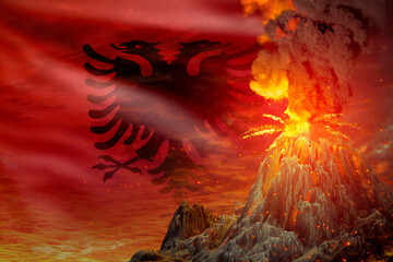 Fototapeta na wymiar volcano blast eruption at night with explosion on Albania flag background, troubles because of eruption and volcanic ash conceptual 3D illustration of nature