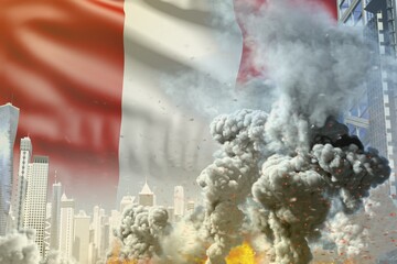 huge smoke pillar with fire in the modern city - concept of industrial catastrophe or act of terror on Peru flag background, industrial 3D illustration