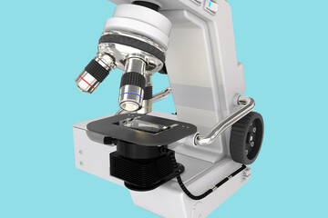 96 MPx high resolution images of lab microscope with fictional design isolated on blue - photorealistic 3d illustration of object