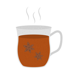 Vector cup with spiced tea and anise. Winter traditional drink illustration. Holiday hot beverage icon isolated on white background..