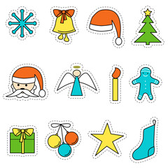 Set of stickers for Christmas and New year. Vector color isolated icons of Christmas symbols on a white background
