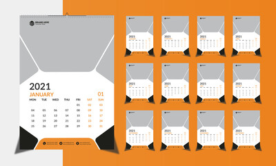 Wall calendar design for 2021 year with thin line icons for each month