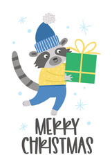 Vector raccoon wearing hat and sweater with present and snowflakes. Cute winter animal illustration. Funny Christmas card design. New Year print with smiling character.
