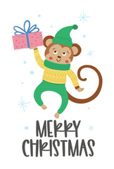 Vector monkey in hat, scarf and sweater with present and snowflakes. Cute winter animal illustration. Funny Christmas card design. New Year print with smiling character.