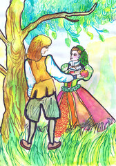 The young man gives the girl an apple. Children's drawing