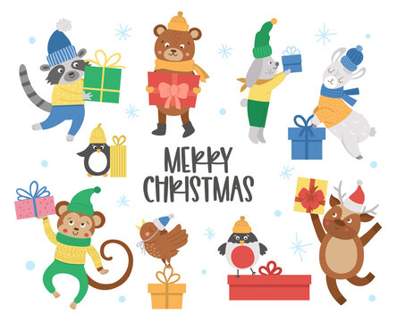 Cute vector animals in hats, scarves and sweaters with presents and snowflakes. Winter set of with gifts. Funny Christmas card designs. New Year print with smiling character.