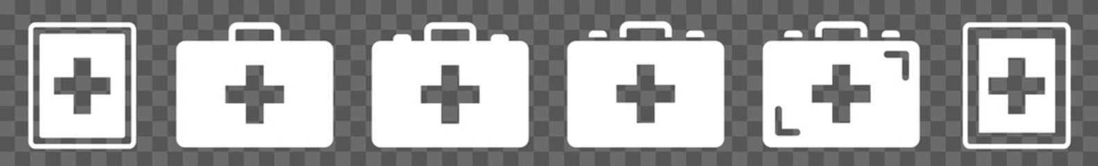 Fototapeta premium First Aid Kit Icon White | Emergency Box Illustration | Medical Help Symbol | Paramedic Bag Logo | Cross Sign | Isolated Transparent | Variations