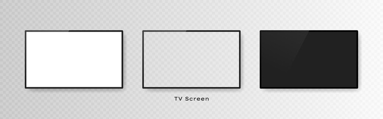 Set of three realistic television screens isolated on transparent background. 3d blank TV led monitor. Vector illustration
