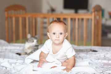 baby sitting in bed in the bedroom with cat and looks at the camera close up