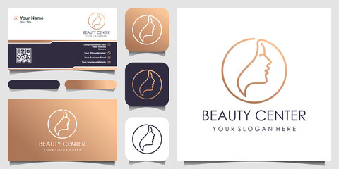 woman's face with line circle logo and business card design. Abstract design concept for beauty salon, fashion, massage, magazine, cosmetic and spa.