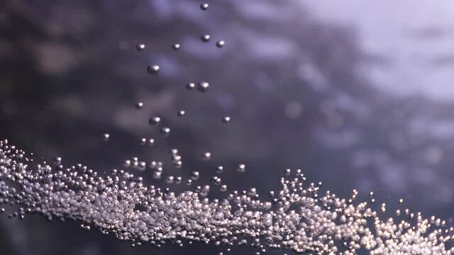 air bubbles underwater in blue water moving strange some in focus some out of focus making nive background shapes with sun rays and sun shine