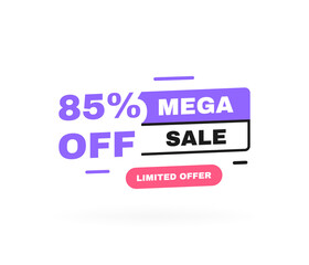 Mega sale banner design with sale tag. Limited offer 85 percent off discount. Banners template design for business, promotion, sale and advertising. Vector illustration