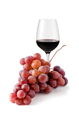 Red wine glass and bunch of grapes isolated