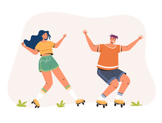 Two people boy girl roller blading concept. Vector flat graphic design illustration