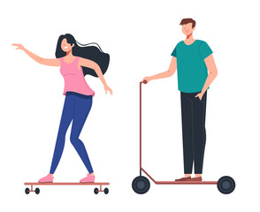 Two people boy girl roller blading concept. Vector flat graphic design illustration