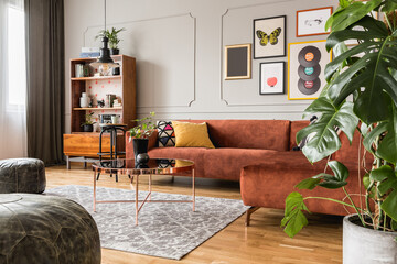 Eclectic living room interior with comfortable velvet corner sofa with pillows