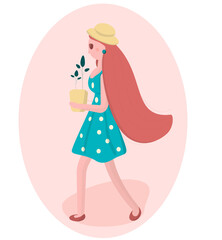 Girl with long hair in hat with plant in a pot on pink background. Vector illustration for postcards, printing, web, etc