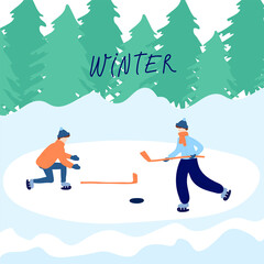Cute winter, Christmas illustration of a loving happy family on winter vacation. Mom, dad and child walk and skate. Christmas illustration of a family in nature, winter games in nature