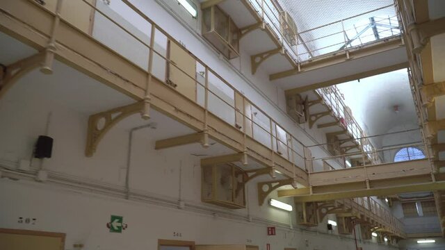 Overview of a prison or jail interior. Bridges and aisles between prison cells.