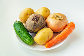 Set of vegetables in bowl for making soup or borscht. Culinary idea for dieting