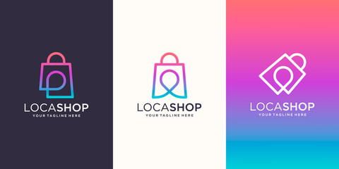 Shop Location Logo designs Template, bag combined with pin maps.