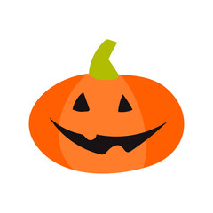 Vector illustration of a big round pumpkin with a smile and eyes. Design element for halloween for home decoration for the holiday. Big red cute pumpkin in flat style for print and interior decoration