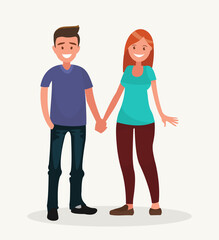 Couple of young people. Man and woman hold hands on a white background.