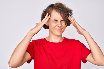 Young hispanic woman wearing casual clothes with hand on head, headache because stress. suffering migraine.