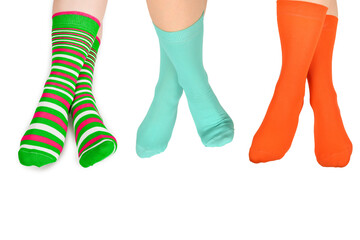 Woman in green socks isolated on white background. Top view.