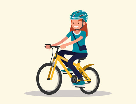 A woman wearing sportswear and a helmet rides a Bicycle.