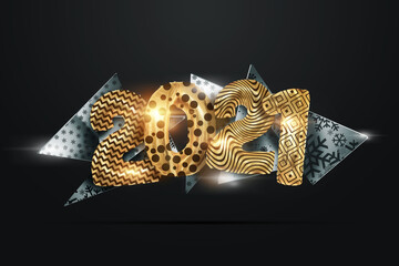 Creative luxury 2021 design, new year flyer, lettering 2021 with golden balls on dark background. Concept for new year banner, website header, modern typography. 3D illustration, 3D render.