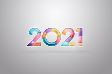 Christmas background, inscription 2021 in multicolored numbers on a light background. New Years flyer, sales out, copy space. 3D illustration, 3D render.