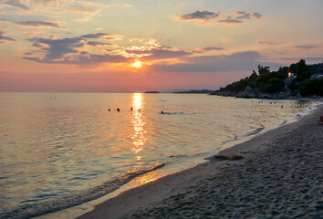Sunset on Akti Koviou beach on Sithonia peninsula, Chalkidiki, Greece