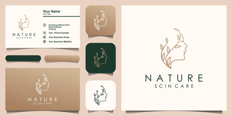 Fototapeta premium beauty women natural Logo designs Template. woman face combined with leaf element.