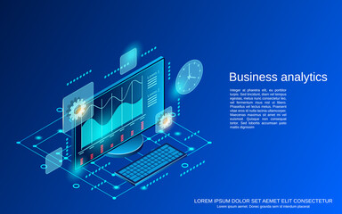 Business statistics, financial analysis, management flat 3d isometric vector concept illustration
