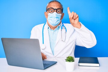 Senior handsome man with gray hair wearing doctor uniform and medical mask pointing finger up with successful idea. exited and happy. number one.
