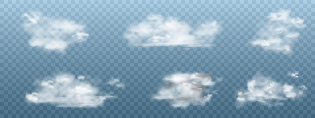 Realistic white clouds set. Vector collection of 3d smoke or fog. Natural cumulus clouds design elements on transparent background for weather forecast. - obrazy, fototapety, plakaty