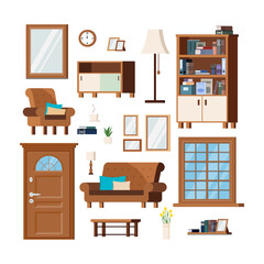 Furniture set for cozy hallway living room. Interior items - door, window, sofa, armchair, clock, mirror, coffee table, lamp, books, vase, cupboard, plant Flat design room objects vector illustration