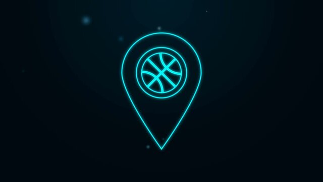 Glowing neon line Location with basketball ball inside icon isolated on black background. 4K Video motion graphic animation