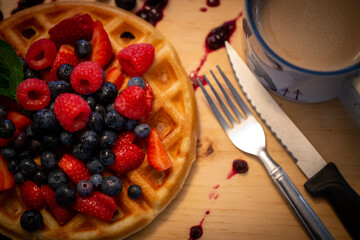 Waffle with fresh fruits for breakfast