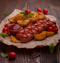 Delicious sausages with fried potatoes and ketchup on a wooden table