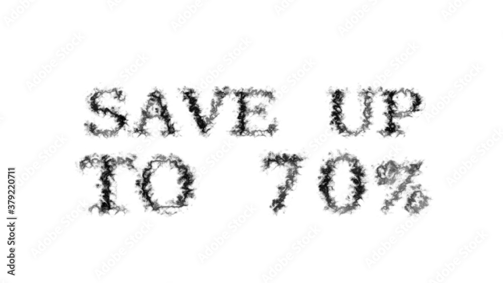 Poster save up to 70% smoke text effect white isolated background. animated text effect with high visual im