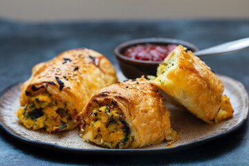 Vegetarian butternut squash pastry rolls with tomato chutney