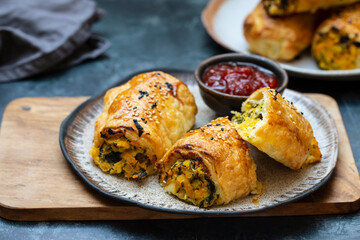 Vegetarian butternut squash pastry rolls with tomato chutney